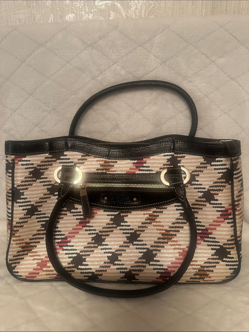 Woven Plaid Tote Bag with Black Trim